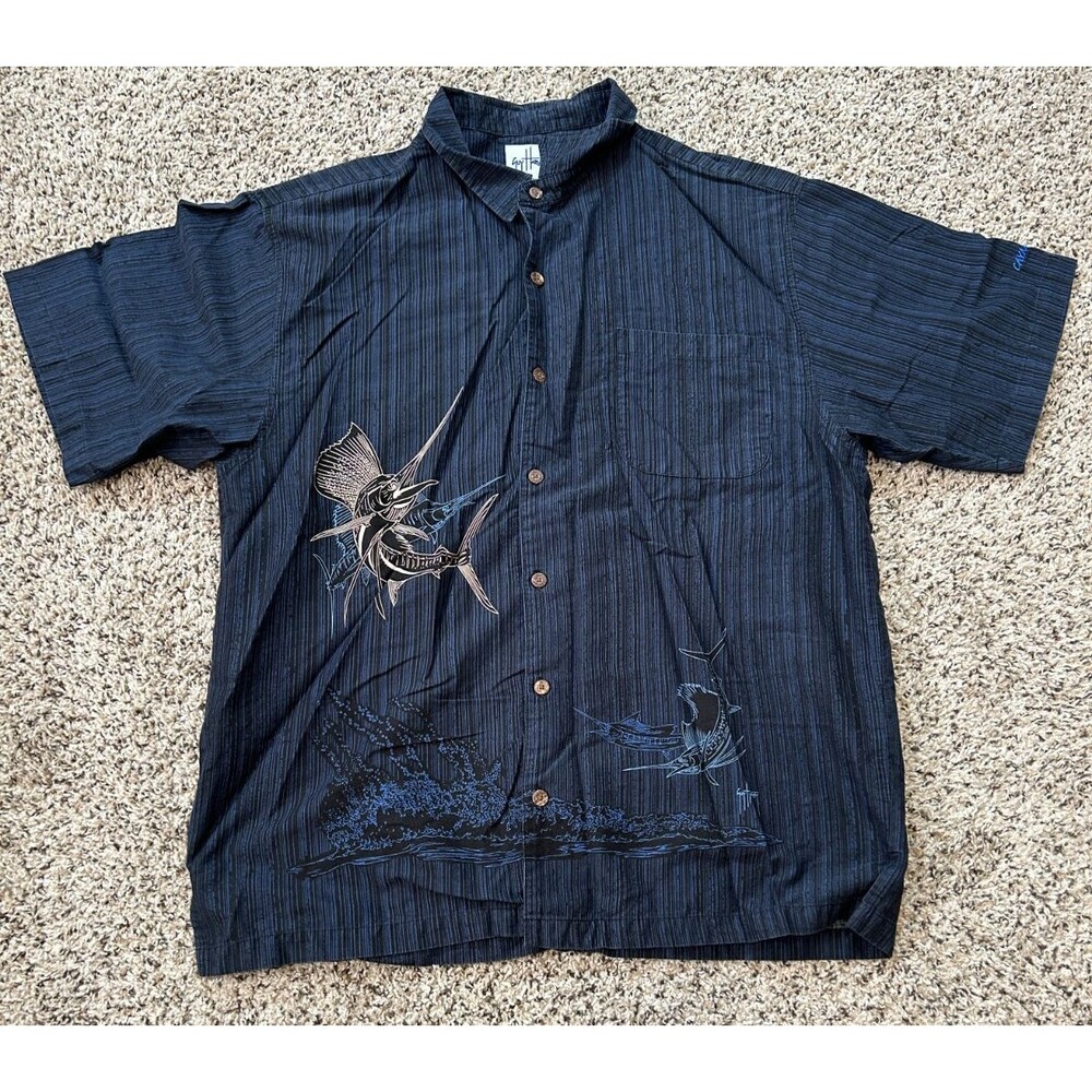 Guy Harvey Shirt Mens 2X Aftco Bluewater  Navy Blue Fishing Marlin Adult